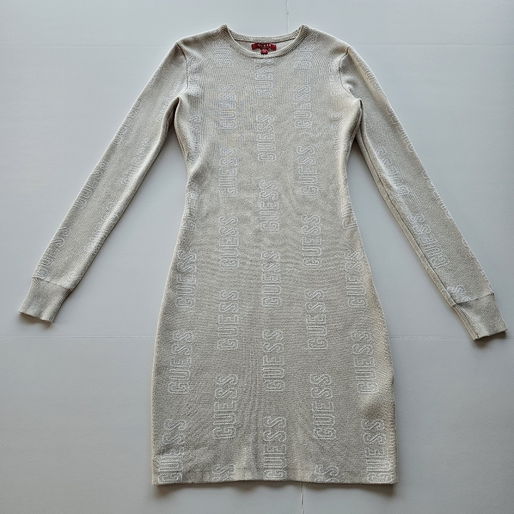 GUESS Ladies Beige Cream Logo Long Sleeve Knit Sweater Dress XS